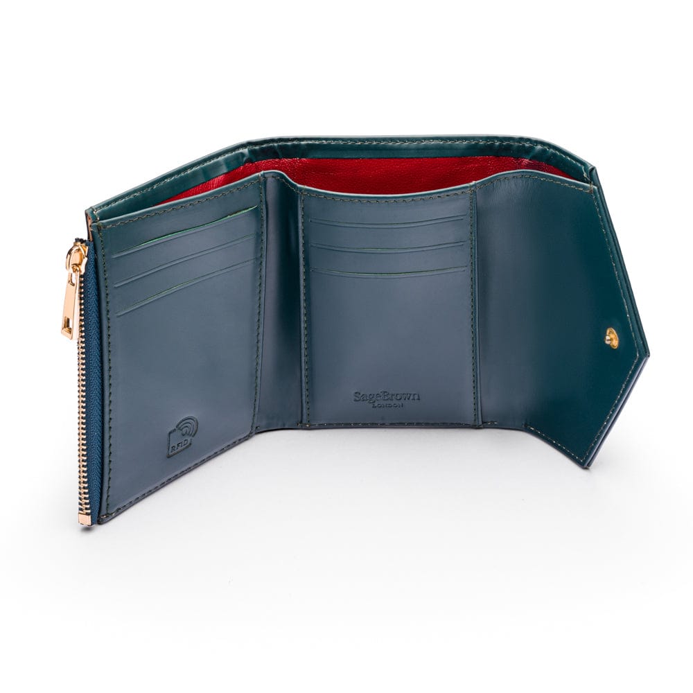 RFID blocking leather envelope purse, petrol green, inside