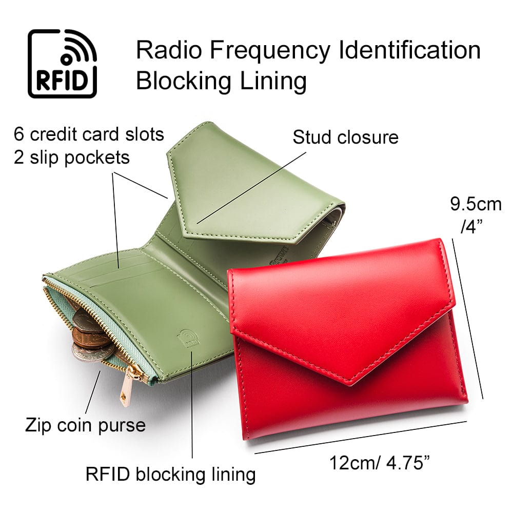 RFID blocking leather envelope purse, petrol green, features
