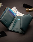 RFID blocking leather envelope purse, petrol green, lifestyle