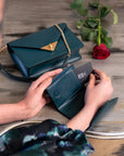 RFID blocking leather envelope purse, petrol green, lifestyle view