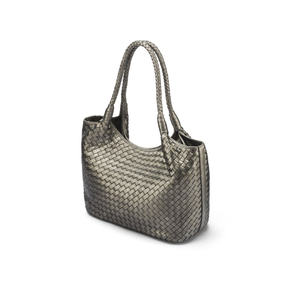 Woven leather shoulder bag, pewter, side view