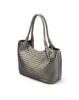 Woven leather shoulder bag, pewter, side view