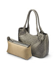 Woven leather shoulder bag, pewter, with inner bag