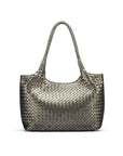 Woven leather shoulder bag, pewter, front