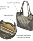 Woven leather shoulder bag, pewter, features