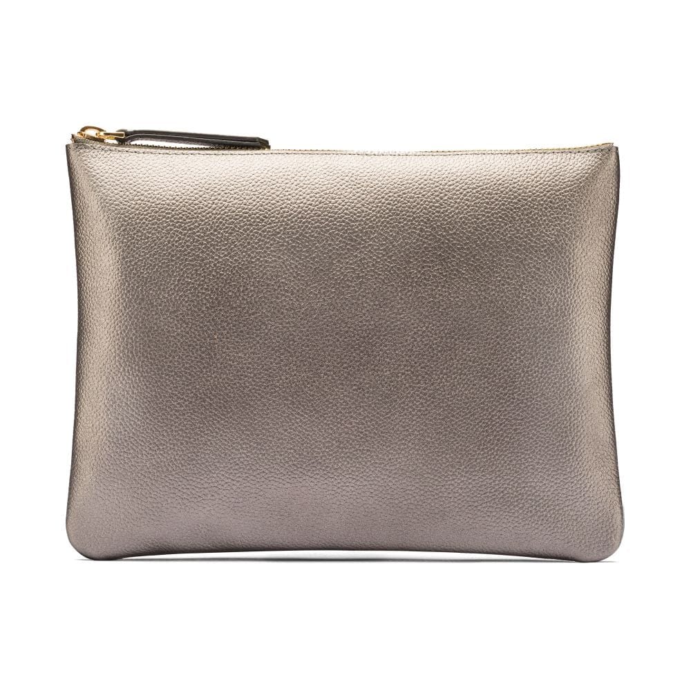 Large leather makeup bag, pewter, front view
