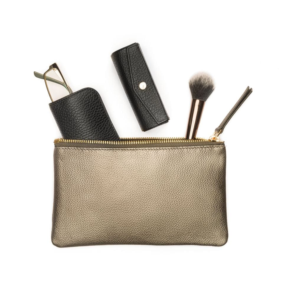 Medium leather makeup bag, pewter