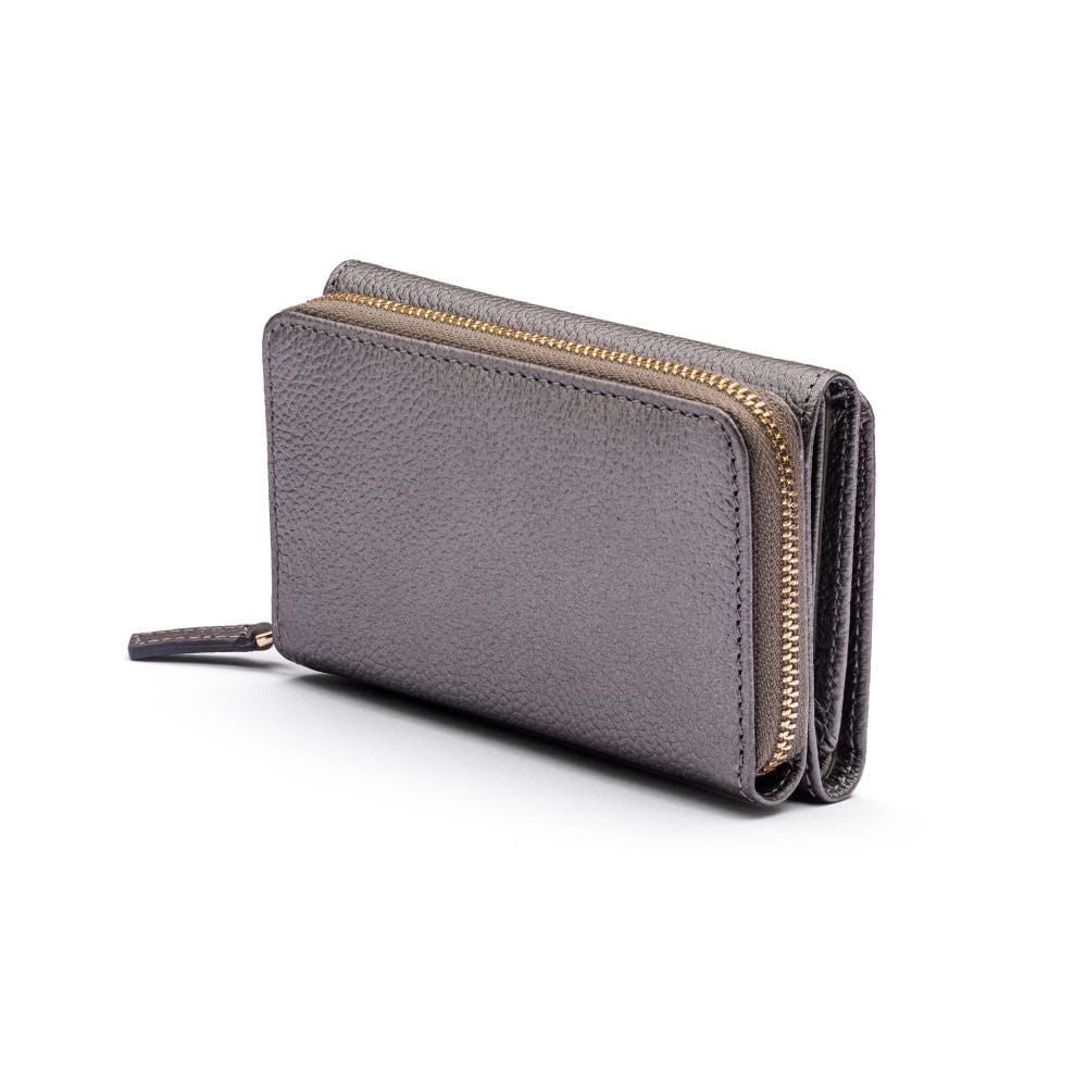 RFID blocking leather tri-fold purse, pewter, back