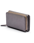 RFID blocking leather tri-fold purse, pewter, back