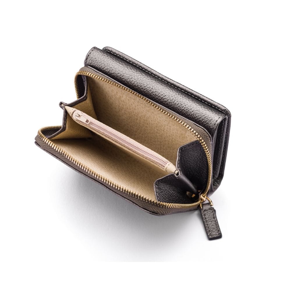 RFID blocking leather tri-fold purse, pewter, open