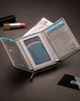 RFID blocking leather tri-fold purse, pweter, lifestyle