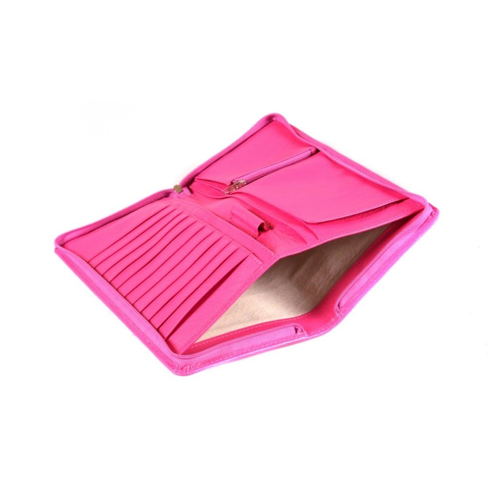 Leather zip around travel wallet, pink, inside