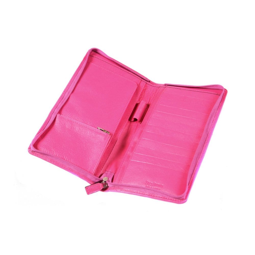 Leather zip around travel wallet, pink, open