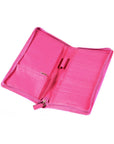 Leather zip around travel wallet, pink, open