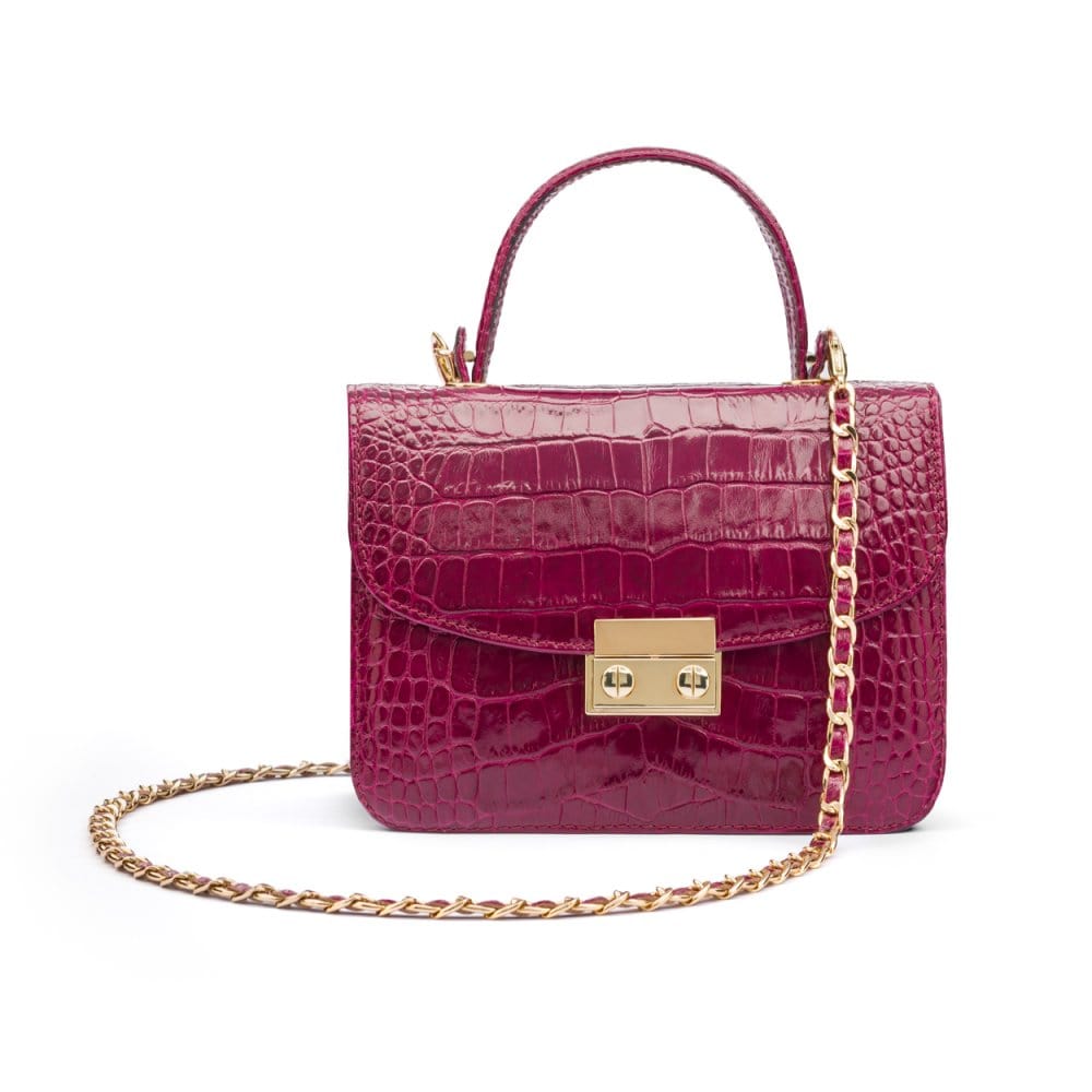 Small leather top handle bag, pink croc, with chain strap