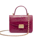 Small leather top handle bag, pink croc, with chain strap