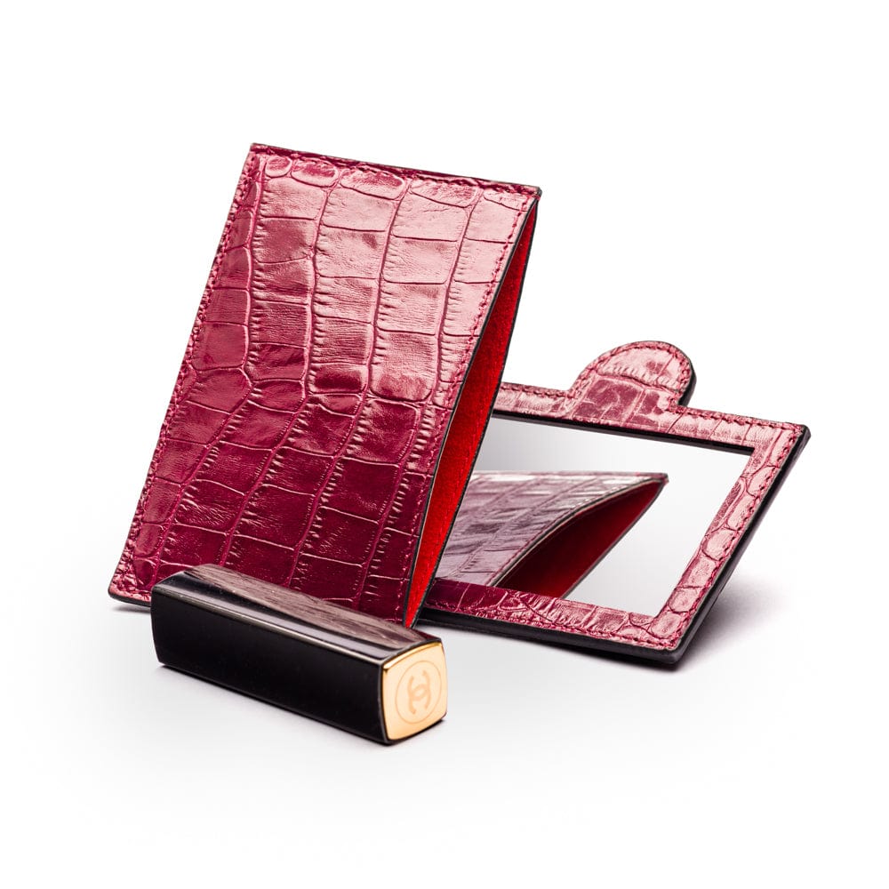 Compact leather mirror, pink croc
