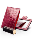 Compact leather mirror, pink croc