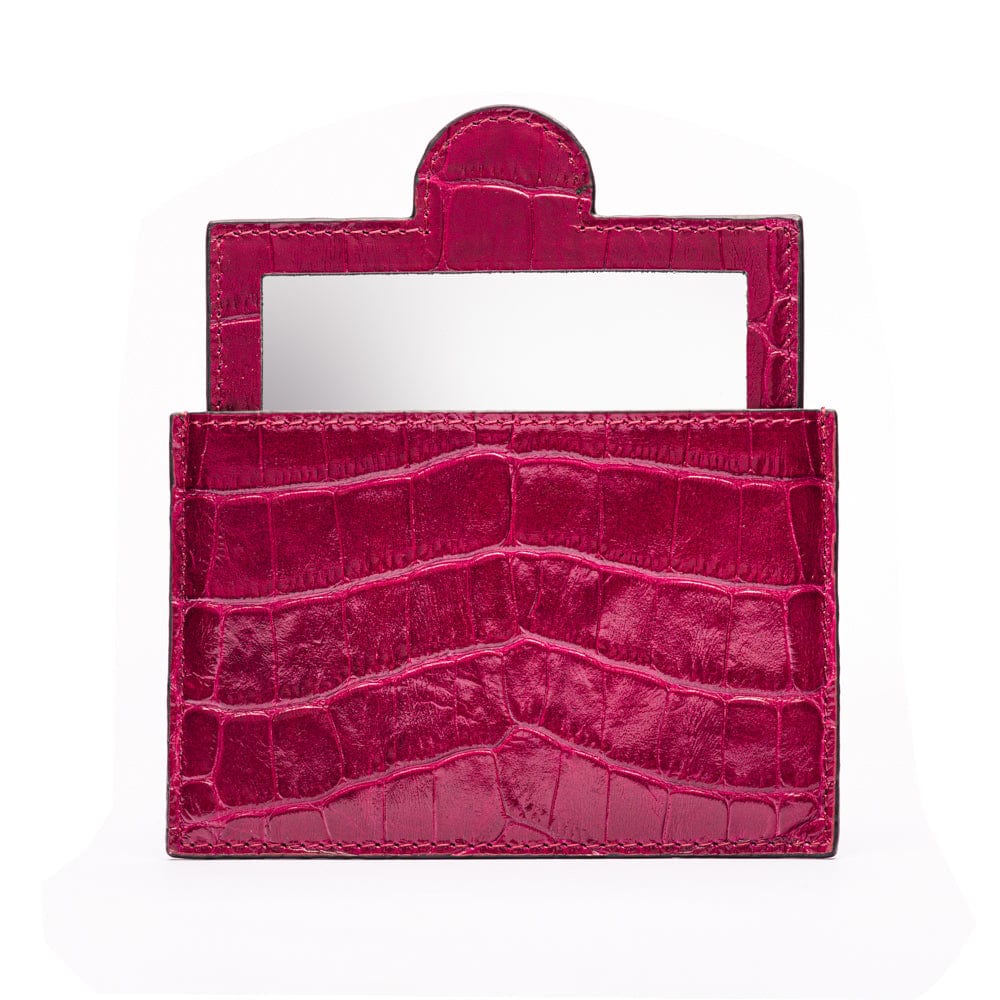 Compact leather mirror, pink croc