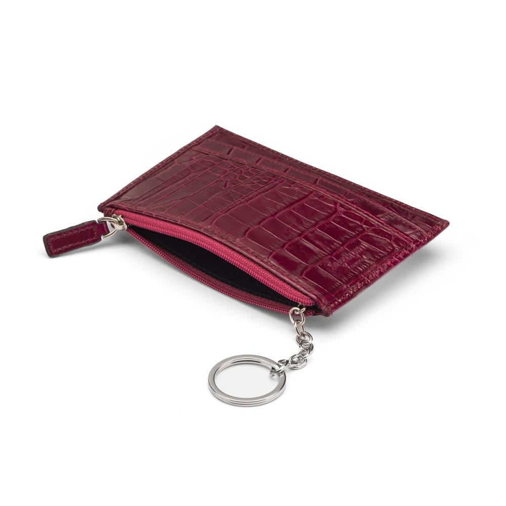 Flat leather card wallet with jotter and zip, pink croc, open