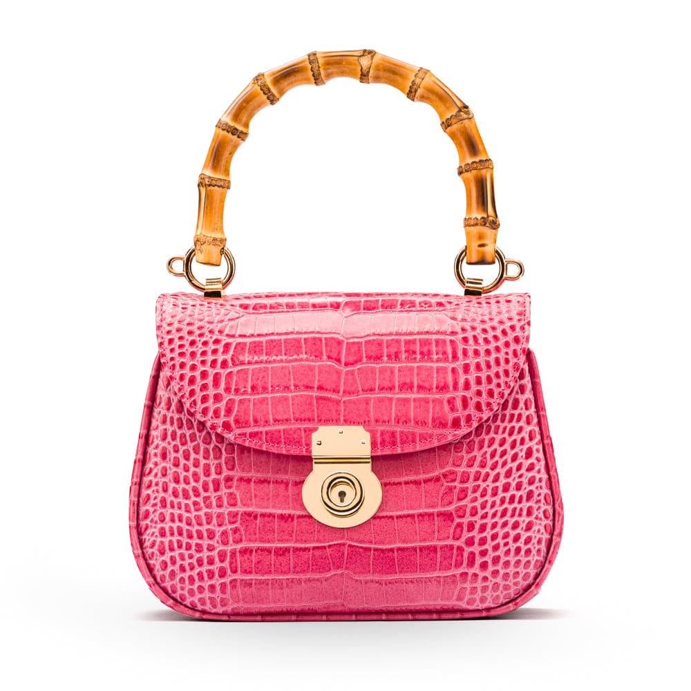 Bamboo handle bag, pink croc, front view