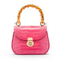 Bamboo handle bag, pink croc, front view