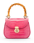 Bamboo handle bag, pink croc, front view