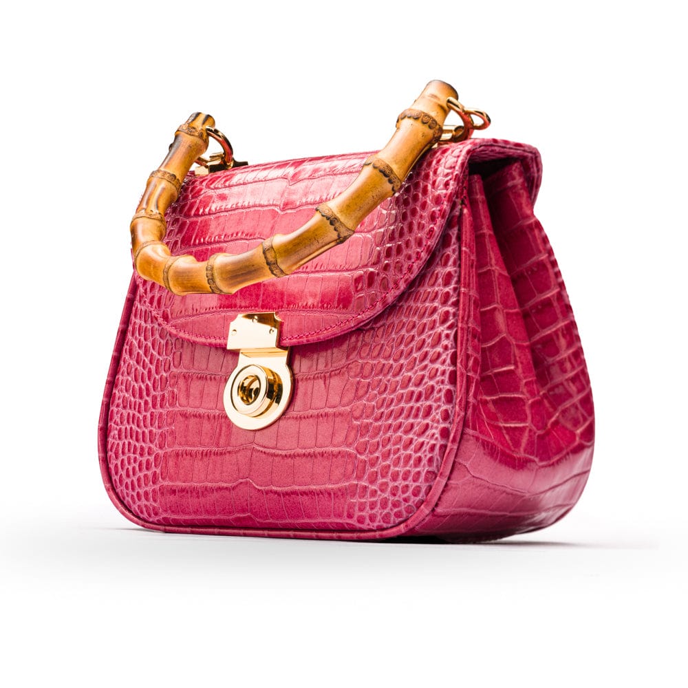 Bamboo handle bag, pink croc, side view