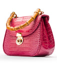 Bamboo handle bag, pink croc, side view