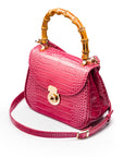 Bamboo handle bag, pink croc, long shoulder strap