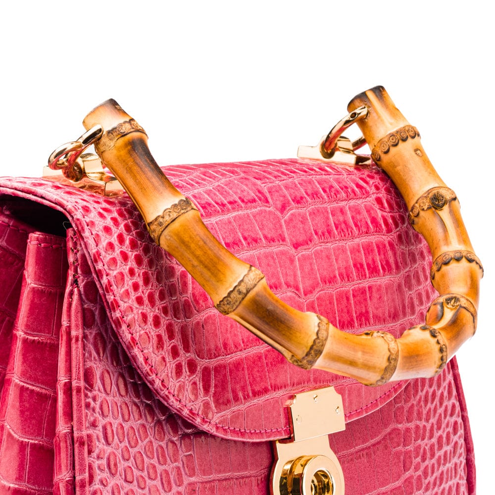 Bamboo handle bag, pink croc, bamboo handle close up