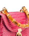 Bamboo handle bag, pink croc, bamboo handle close up