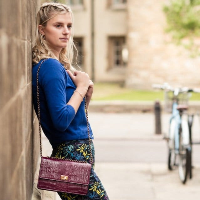 Leather chain bag, pink croc, lifestyle view