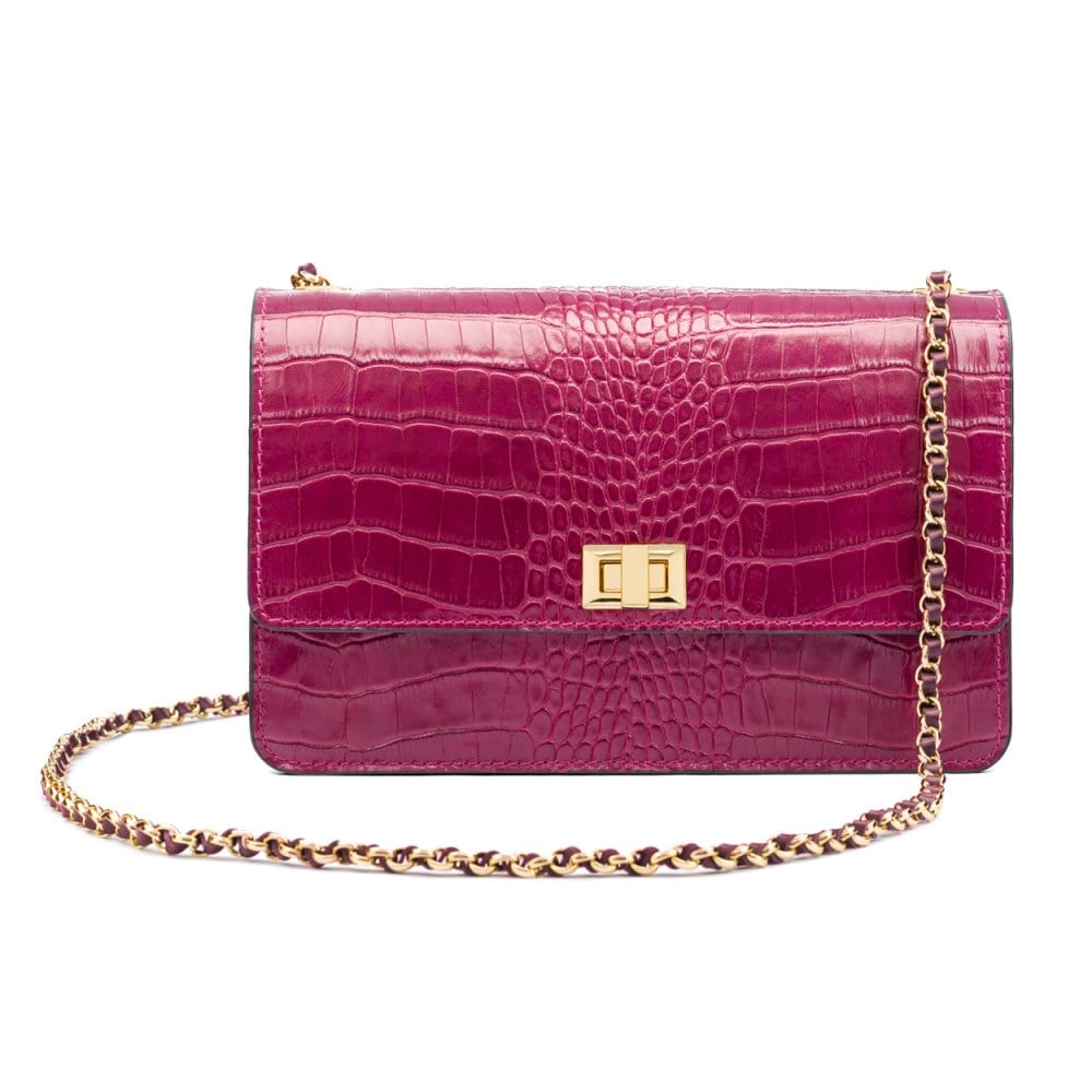 Leather chain bag, pink croc, front view