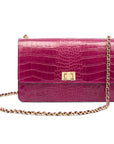 Leather chain bag, pink croc, front view