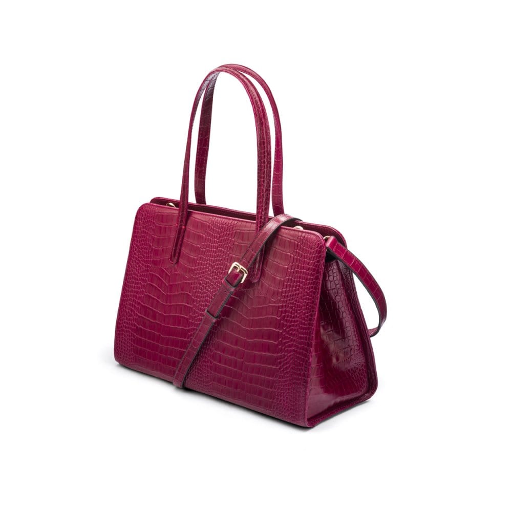 Ladies' leather 15" laptop handbag, pink croc, with shoulder strap