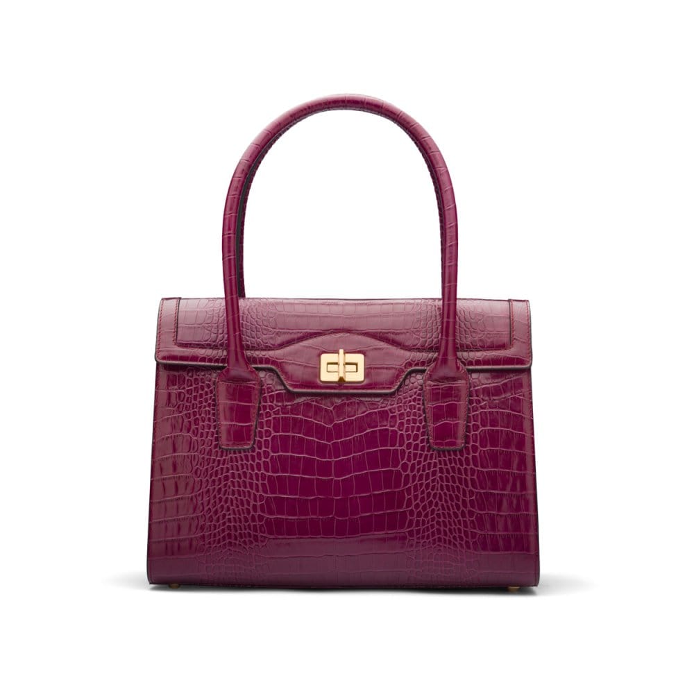 Large leather Morgan bag, pink croc, front view