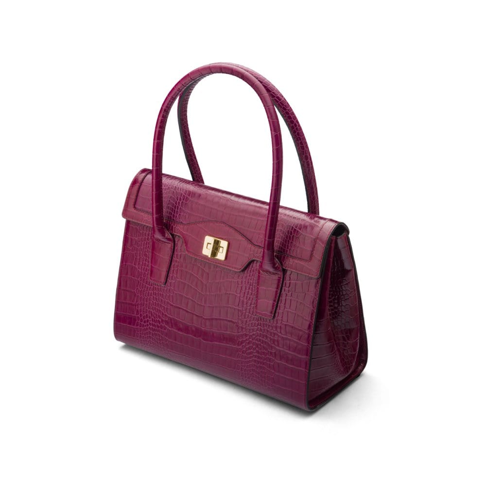 Large leather Morgan bag, pink croc, side view