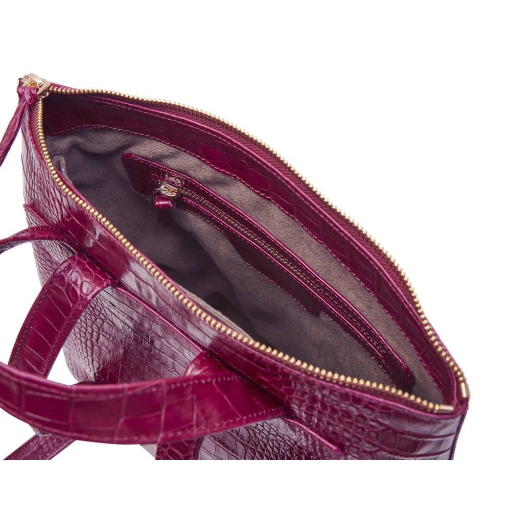 Leather 13" laptop backpack, pink croc, inside