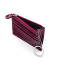 Leather card case with zip coin purse and key chain, pink croc, open