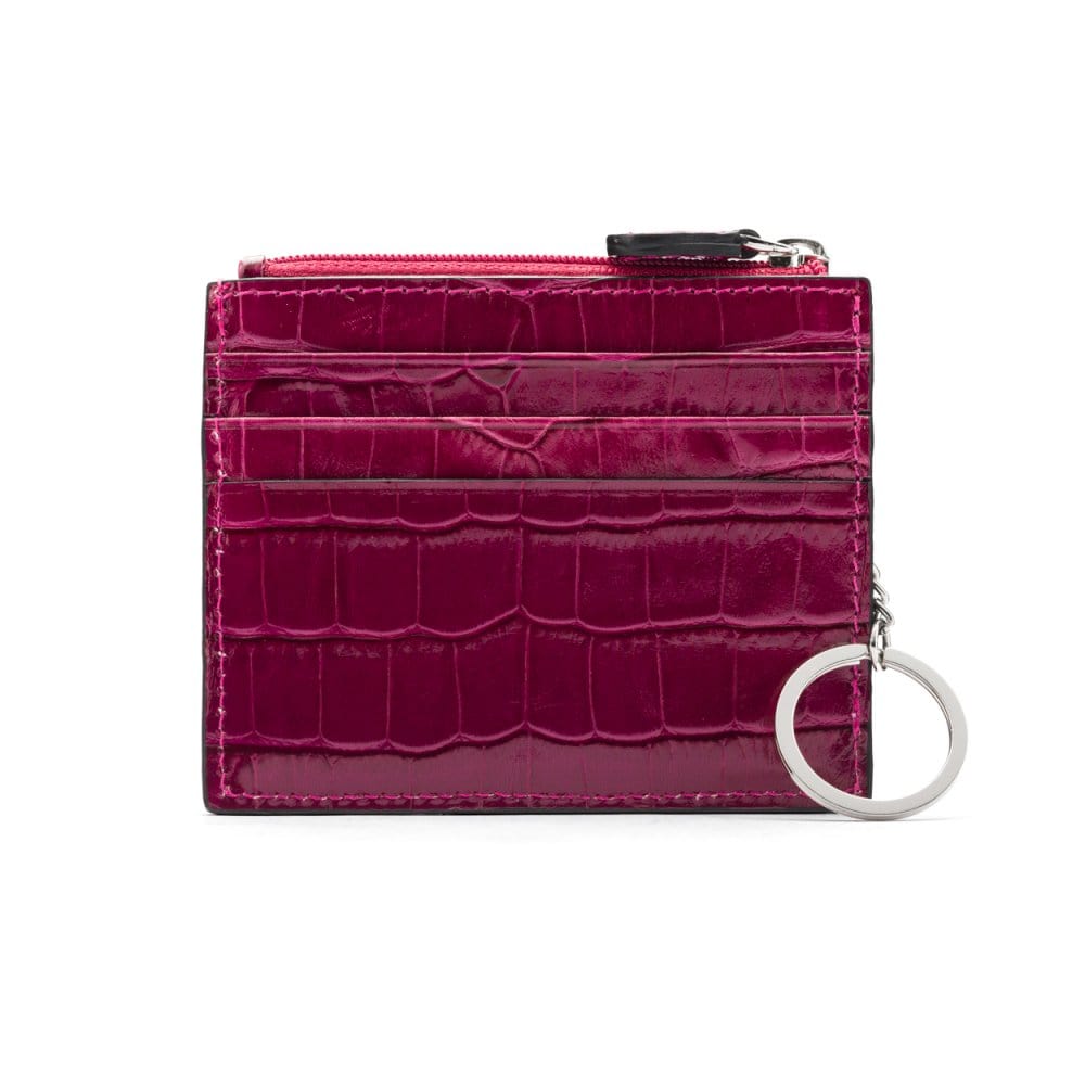 Leather card case with zip coin purse and key chain, pink croc, front