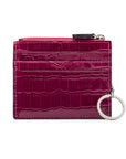 Leather card case with zip coin purse and key chain, pink croc, front