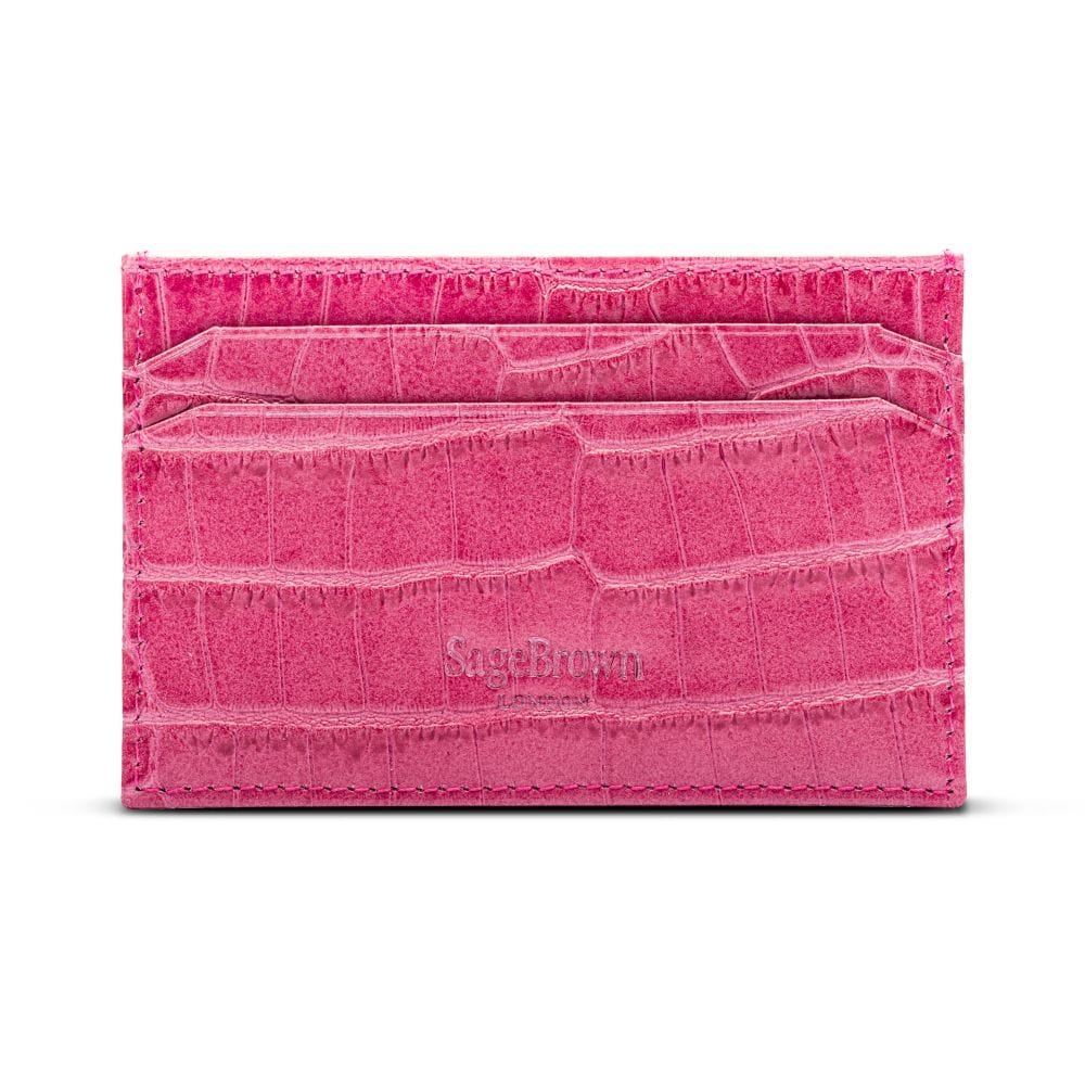 Leather credit card holder, pink croc, back