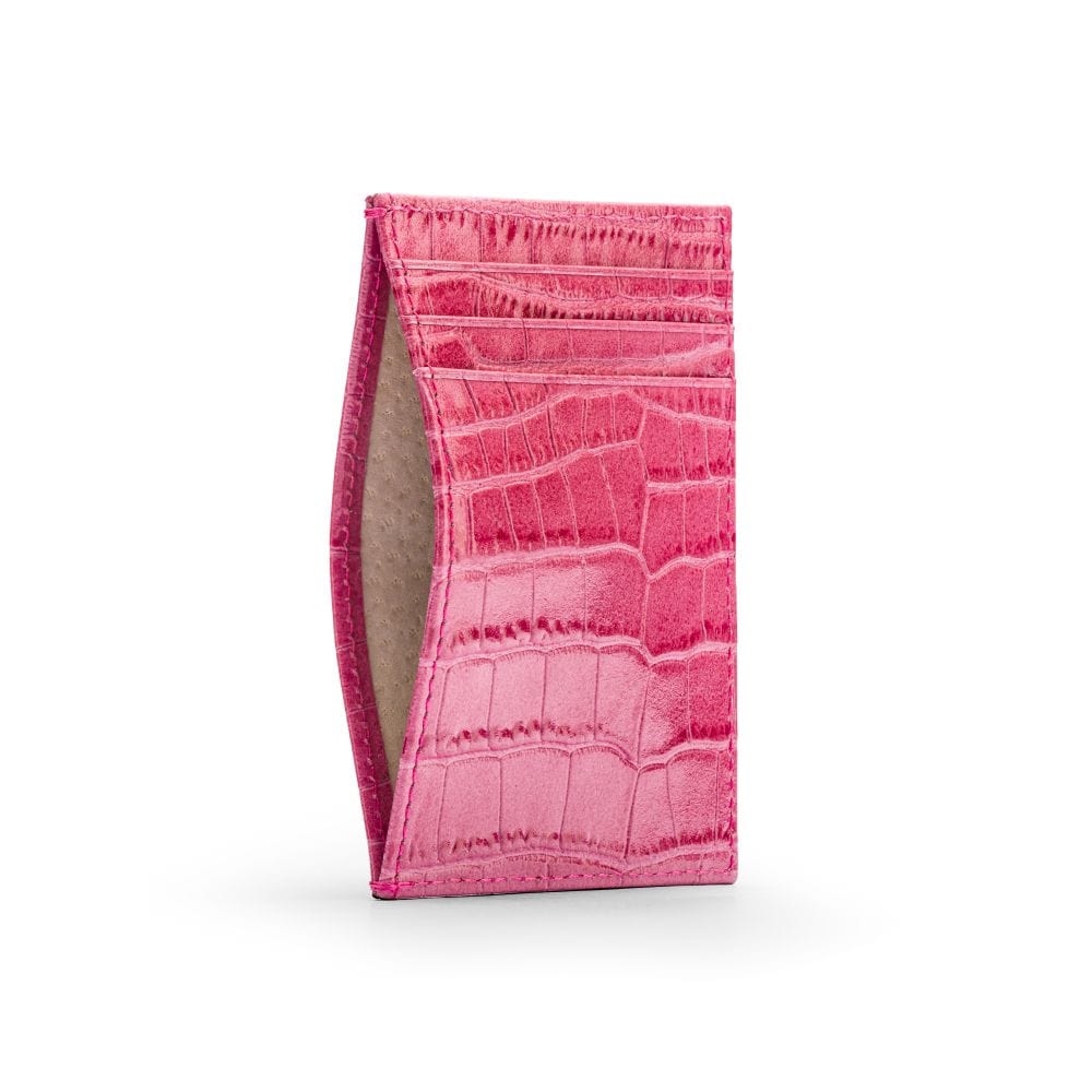 Leather credit card holder, pink croc, open