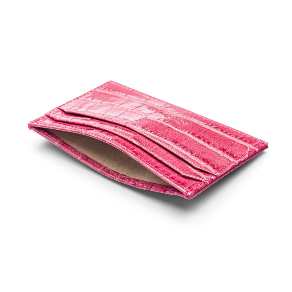 Leather credit card holder, pink croc. inside