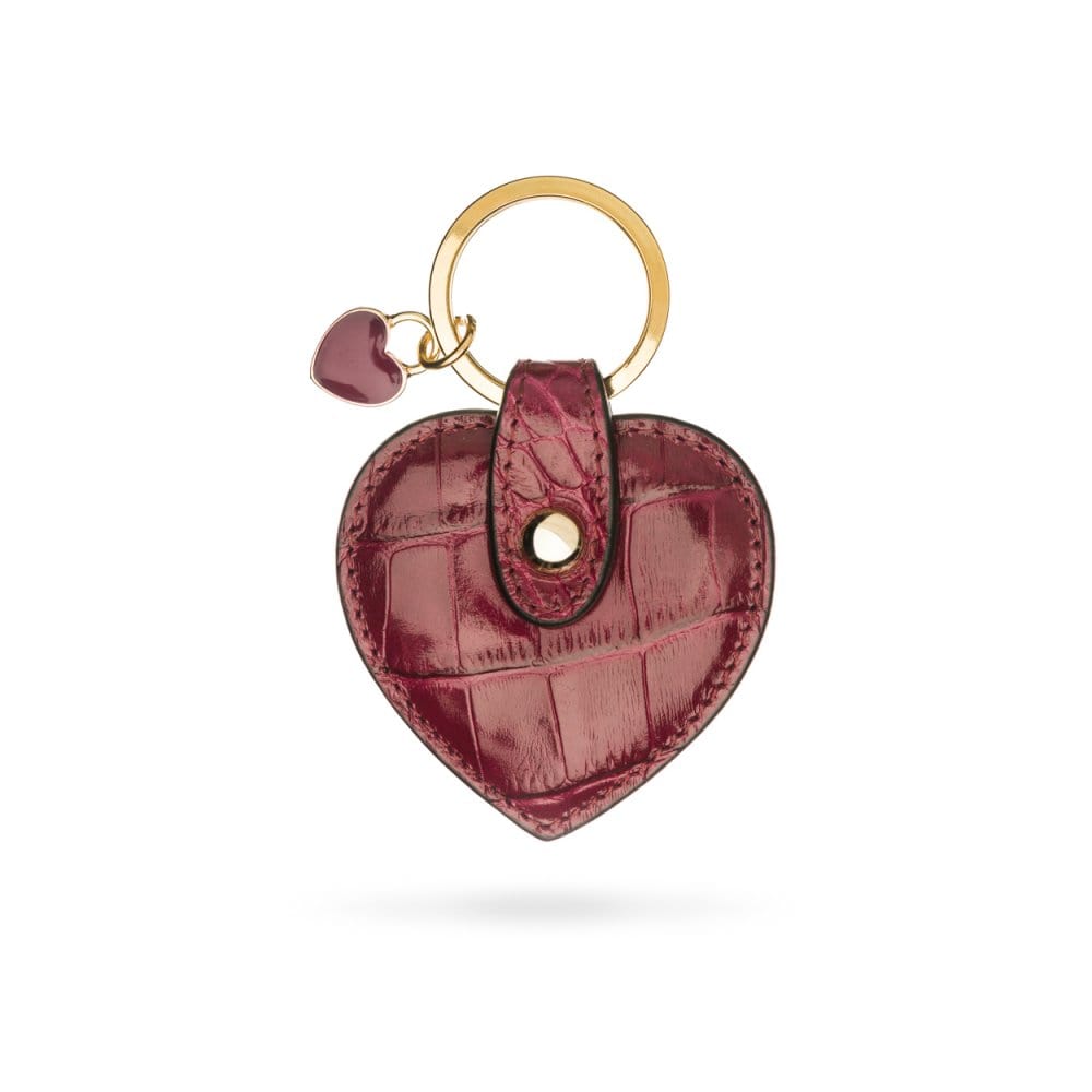 Leather heart shaped key ring, pink croc, front
