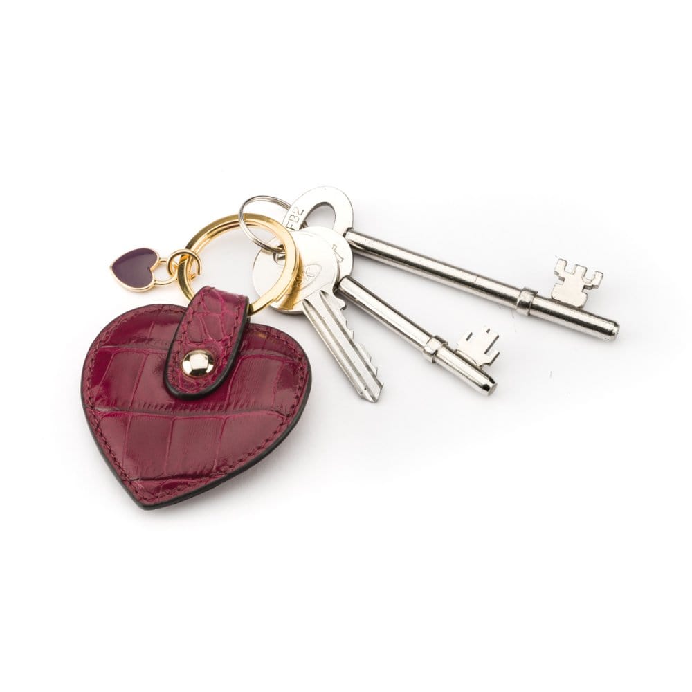 Leather heart shaped key ring, pink croc