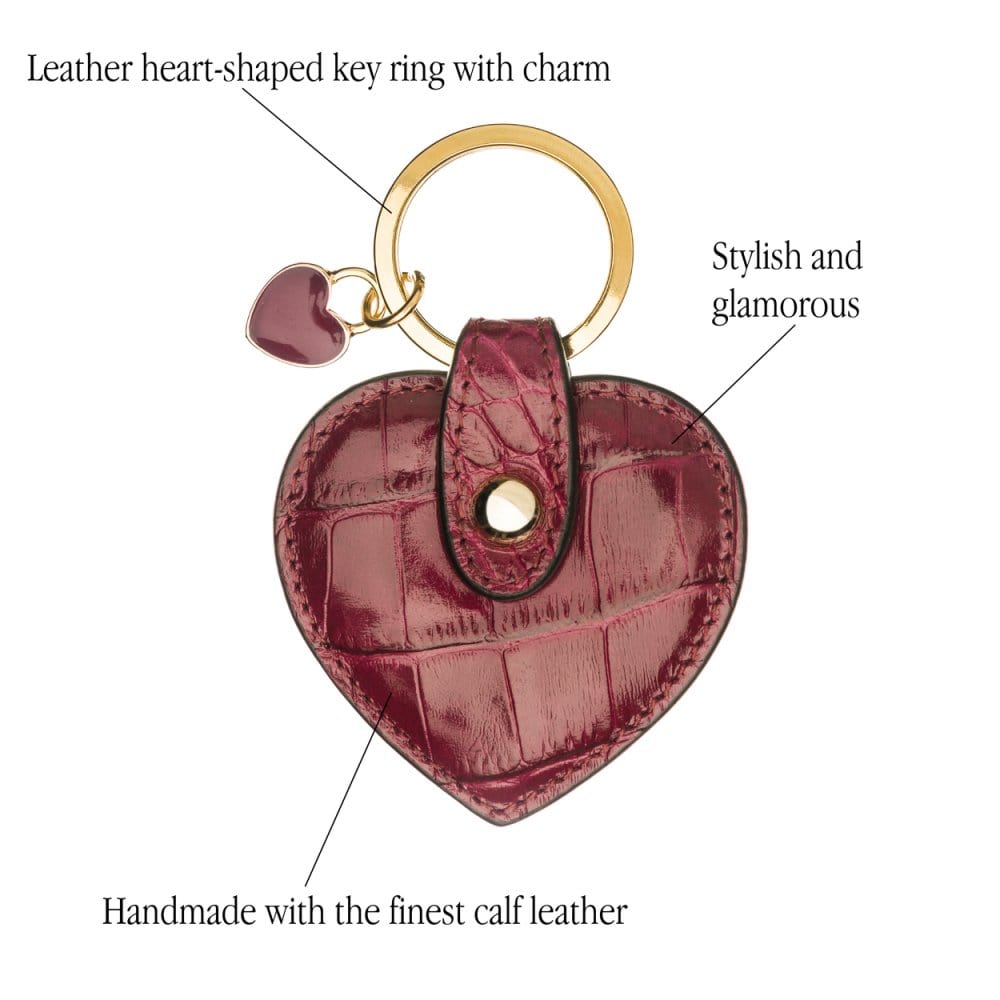 Leather heart shaped key ring, pink croc, features