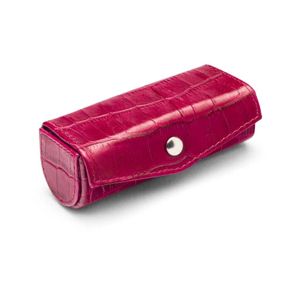 Leather lipstick case, pink croc, side view