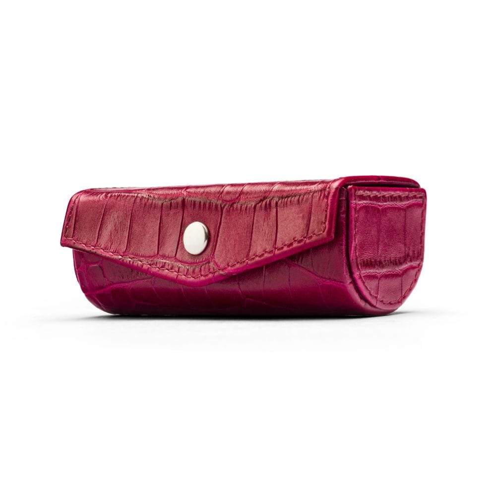 Leather lipstick case, pink croc, front view